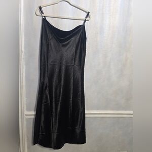 Black Satin Slit Slip Cowl Neck V- Back Midi Dress Adjustable Strap Witchy Goth